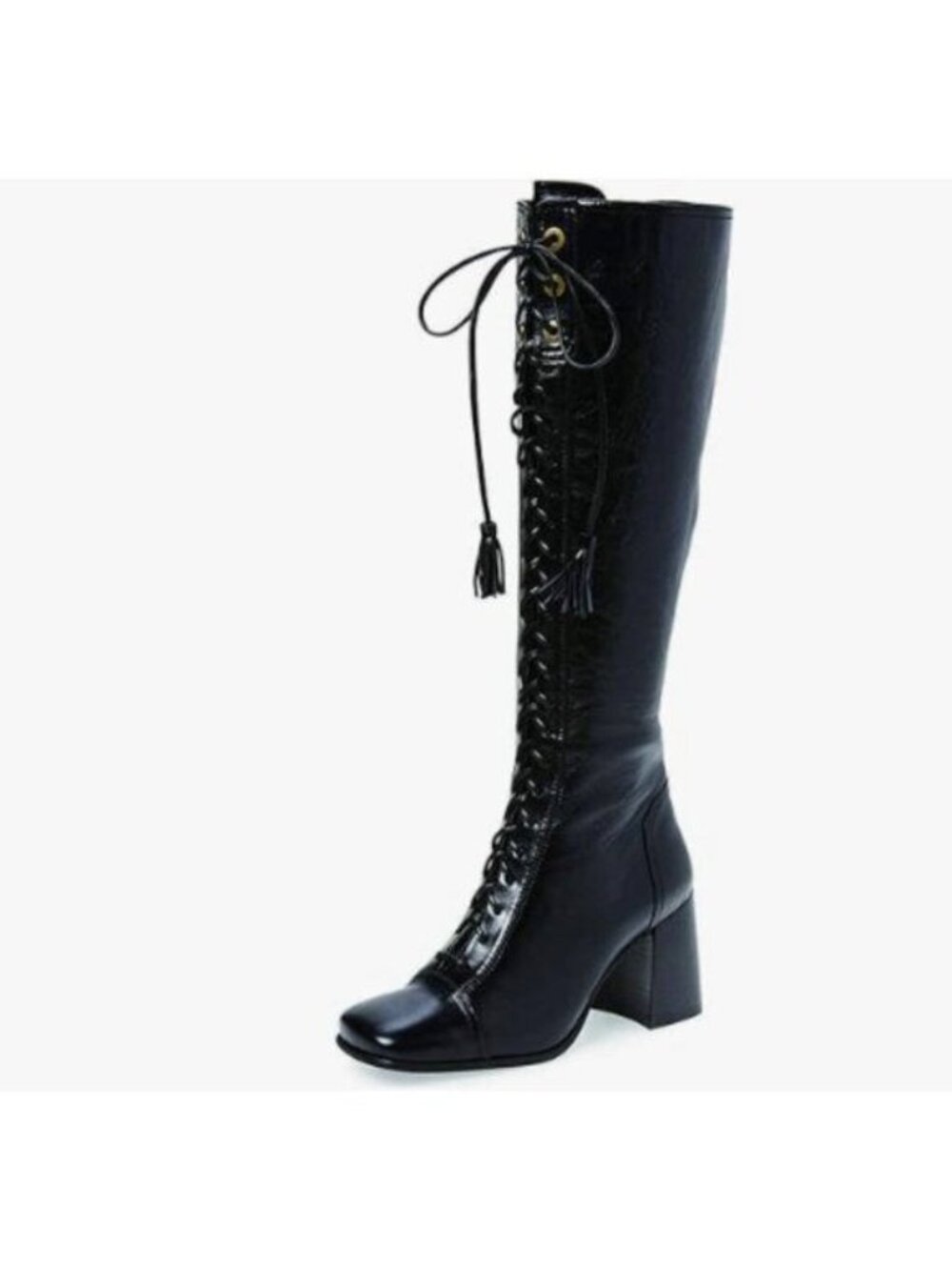 FOWT Women Fringe Lace Up High Chunky Heel Knee High Boots Wide Calf Zip-up